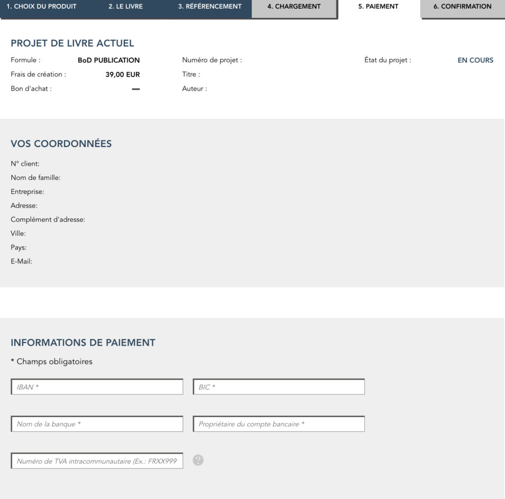 Publier son livre en ligne et créer son projet de livre avec BoD sur myBoD : étape 5. 