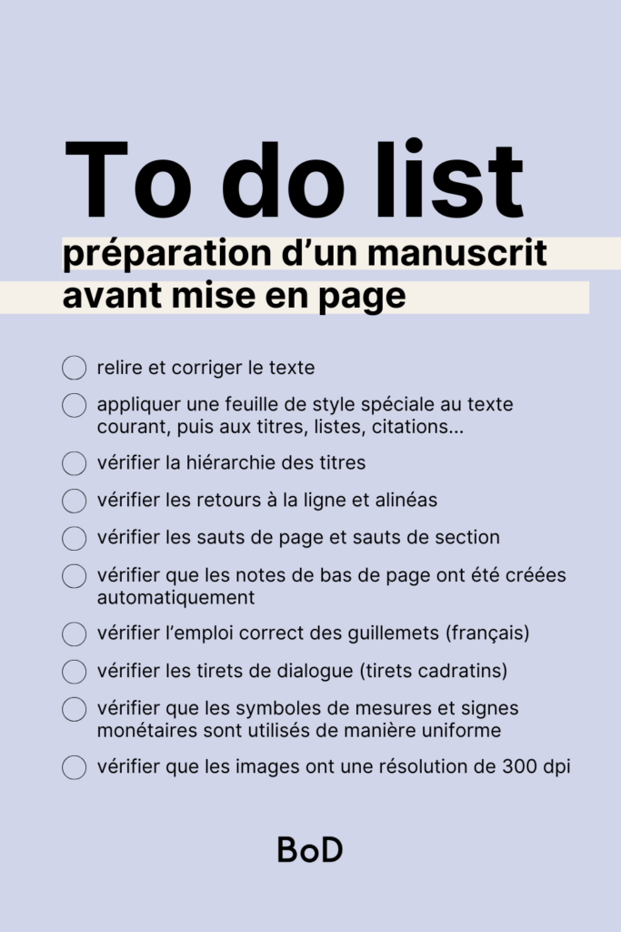 to do list de préparation d'un manuscrit avant la mise en page du livre