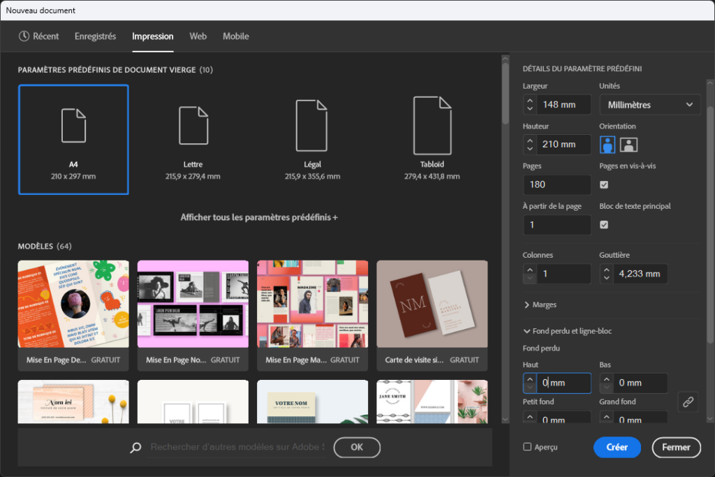 mise en page d'un livre sur InDesign, paramétrage du document et des fonds perdus